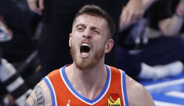 Dec 10, 2024; Oklahoma City, Oklahoma, USA; Oklahoma City Thunder center Isaiah Hartenstein (55) reacts after dunking against the Dallas Mavericks during the third quarter at Paycom Center. Mandatory Credit: Alonzo Adams-Imagn Images