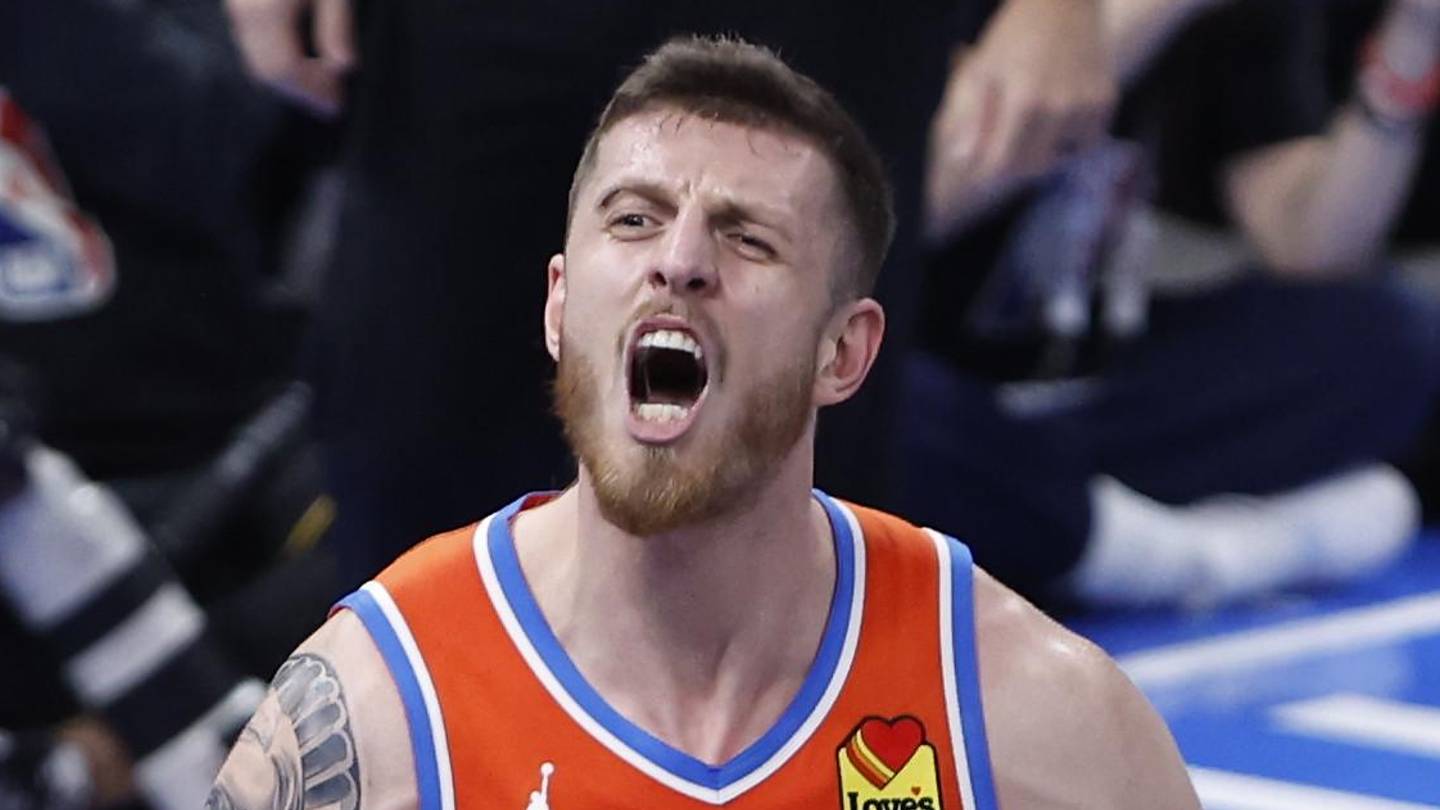 Dec 10, 2024; Oklahoma City, Oklahoma, USA; Oklahoma City Thunder center Isaiah Hartenstein (55) reacts after dunking against the Dallas Mavericks during the third quarter at Paycom Center. Mandatory Credit: Alonzo Adams-Imagn Images
