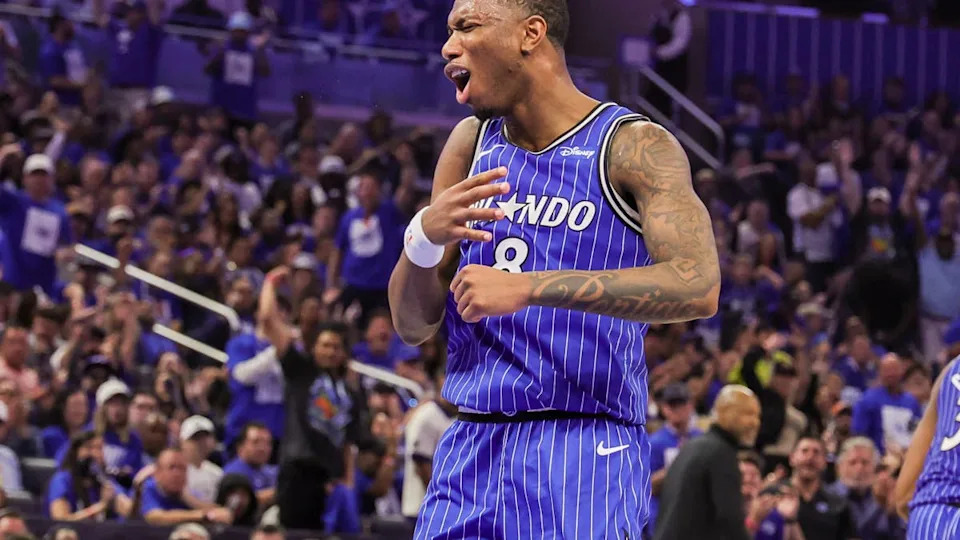 Orlando Magic forward <a class="link " href="https://sports.yahoo.com/nba/players/6801/" data-i13n="sec:content-canvas;subsec:anchor_text;elm:context_link" data-ylk="slk:Jamal Cain;sec:content-canvas;subsec:anchor_text;elm:context_link;itc:0" data-yga="{"yLinkElement":"context_link","yModuleName":"content-canvas","yLinkText":"Jamal Cain","ySubModuleName":"anchor_text","yHasCommerce":false}">Jamal Cain</a> (8) reacts after dunking the ball during the second half against the Detroit Pistons in Game 4 of the first round of the 2026 NBA playoffs.Mike Watters-Imagn Images
