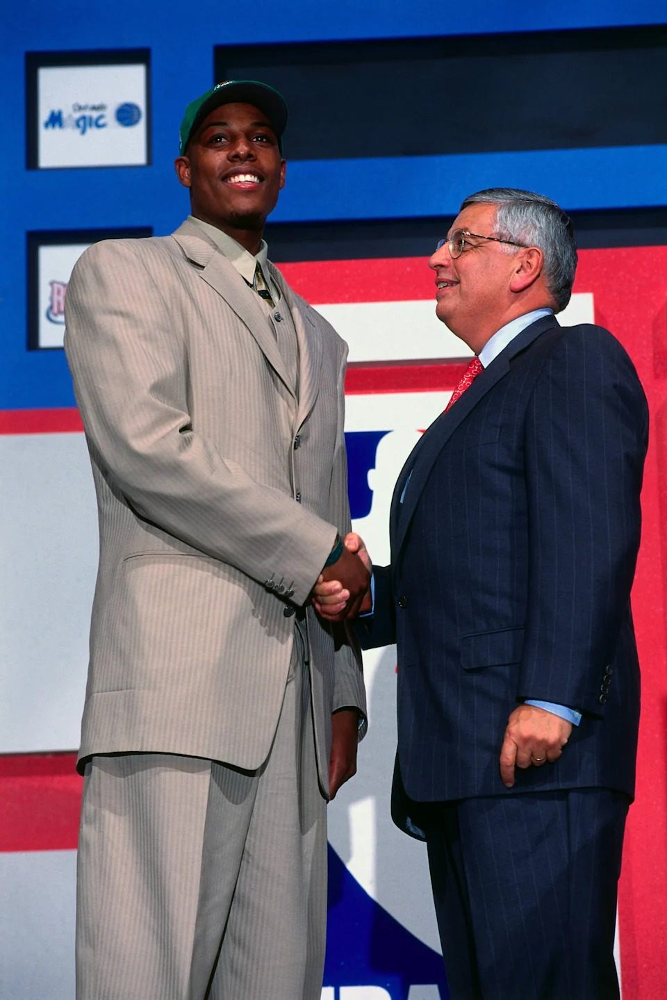 NEW YORK – 1998: Paul Pierce shakes hands with NBA Commissioner David Stern after being selected by the <a class="link " href="https://sports.yahoo.com/nba/teams/boston/" data-i13n="sec:content-canvas;subsec:anchor_text;elm:context_link" data-ylk="slk:Boston Celtics;sec:content-canvas;subsec:anchor_text;elm:context_link;itc:0" data-yga="{"yLinkElement":"context_link","yModuleName":"content-canvas","yLinkText":"Boston Celtics","ySubModuleName":"anchor_text","yHasCommerce":false}">Boston Celtics</a> at the 1998 NBA Draft in New York, New York. NOTE TO USER: User expressly acknowledges that, by downloading and or using this photograph, User is consenting to the terms and conditions of the Getty Images License agreement. Mandatory Copyright Notice: Copyright 1998 NBAE (Photo by Andrew D. Bernstein/NBAE via Getty Images) | NBAE via Getty Images