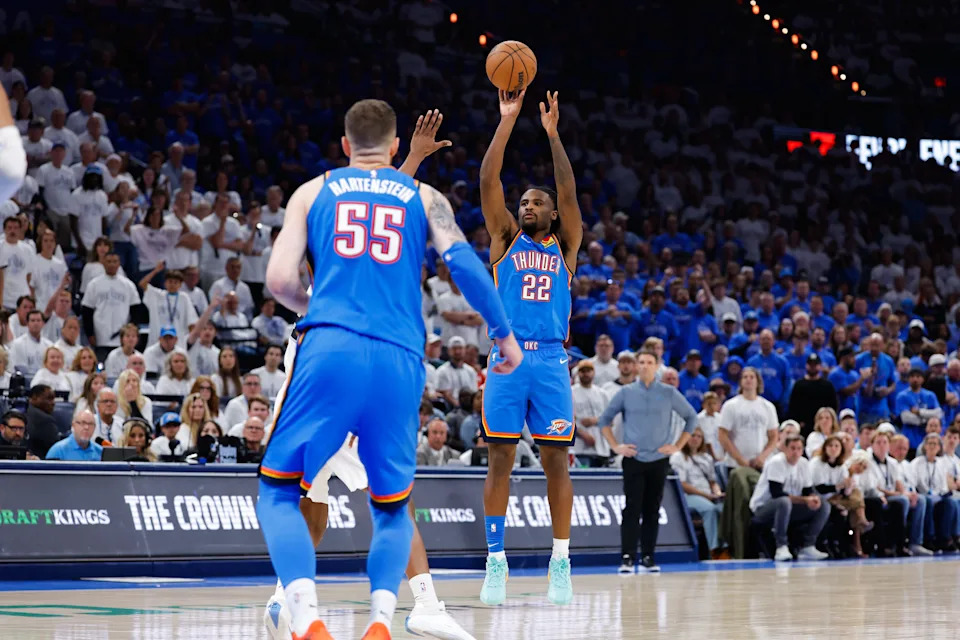 May 20, 2026; Oklahoma City, Oklahoma, USA; Oklahoma City Thunder guard Cason Wallace (22) shoots during the fourth quarter against the San Antonio Spurs during game two of the western conference finals for the 2026 NBA playoffs at Paycom Center. Mandatory Credit: Alonzo Adams-Imagn Images