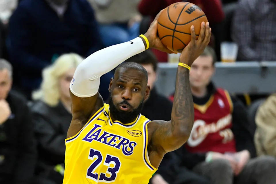 Jan 28, 2026; Cleveland, Ohio, USA; Los Angeles Lakers forward LeBron James (23) looks to pass in the fourth quarter against the Cleveland Cavaliers at Rocket Arena. Mandatory Credit: David Richard-Imagn Images