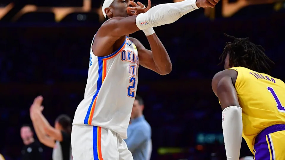 Oklahoma City Thunder guard Shai Gilgeous-Alexander reacts after scoring three point basket against the <a class="link " href="https://sports.yahoo.com/nba/teams/la-clippers/" data-i13n="sec:content-canvas;subsec:anchor_text;elm:context_link" data-ylk="slk:Los Angeles;sec:content-canvas;subsec:anchor_text;elm:context_link;itc:0" data-yga="{"yLinkElement":"context_link","yModuleName":"content-canvas","yLinkText":"Los Angeles","ySubModuleName":"anchor_text","yHasCommerce":false}">Los Angeles</a> Lakers.Gary A&period; Vasquez-Imagn Images
