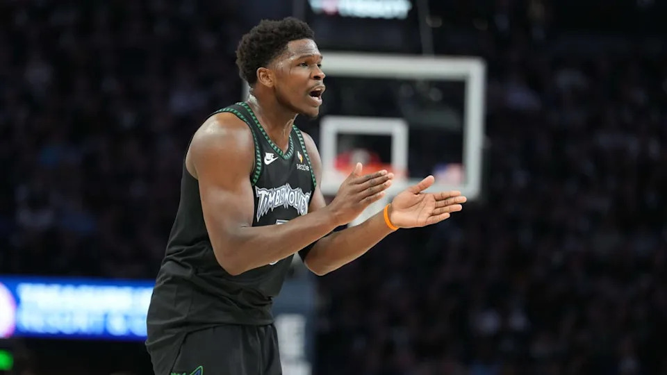 May 15, 2026; Minneapolis, <a class="link " href="https://sports.yahoo.com/nba/teams/minnesota/" data-i13n="sec:content-canvas;subsec:anchor_text;elm:context_link" data-ylk="slk:Minnesota;sec:content-canvas;subsec:anchor_text;elm:context_link;itc:0" data-yga="{"yLinkElement":"context_link","yModuleName":"content-canvas","yLinkText":"Minnesota","ySubModuleName":"anchor_text","yHasCommerce":false}">Minnesota</a>, USA; Minnesota Timberwolves guard Anthony Edwards (5) looks on against the San Antonio Spurs in the first half during game six of the second round of the 2026 NBA Playoffs at Target Center. Mandatory Credit: Jesse Johnson-Imagn Images© Jesse Johnson-Imagn Images&period;