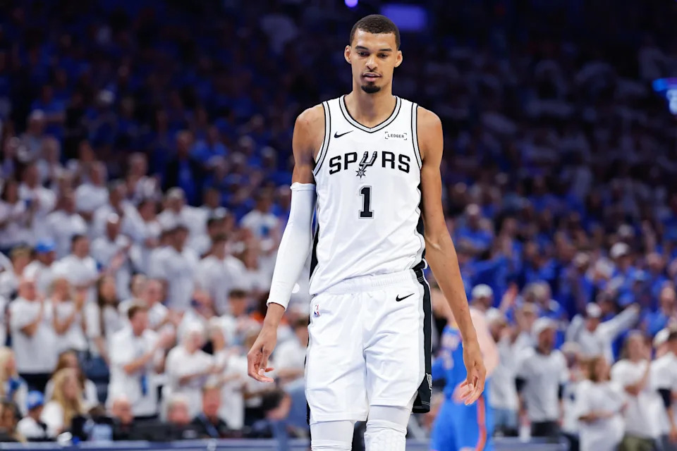 May 20, 2026; Oklahoma City, Oklahoma, USA; San Antonio Spurs forward Victor Wembanyama (1) looks on during the fourth quarter against the Oklahoma City Thunder during game two of the western conference finals for the 2026 NBA playoffs at Paycom Center. Mandatory Credit: Alonzo Adams-Imagn Images