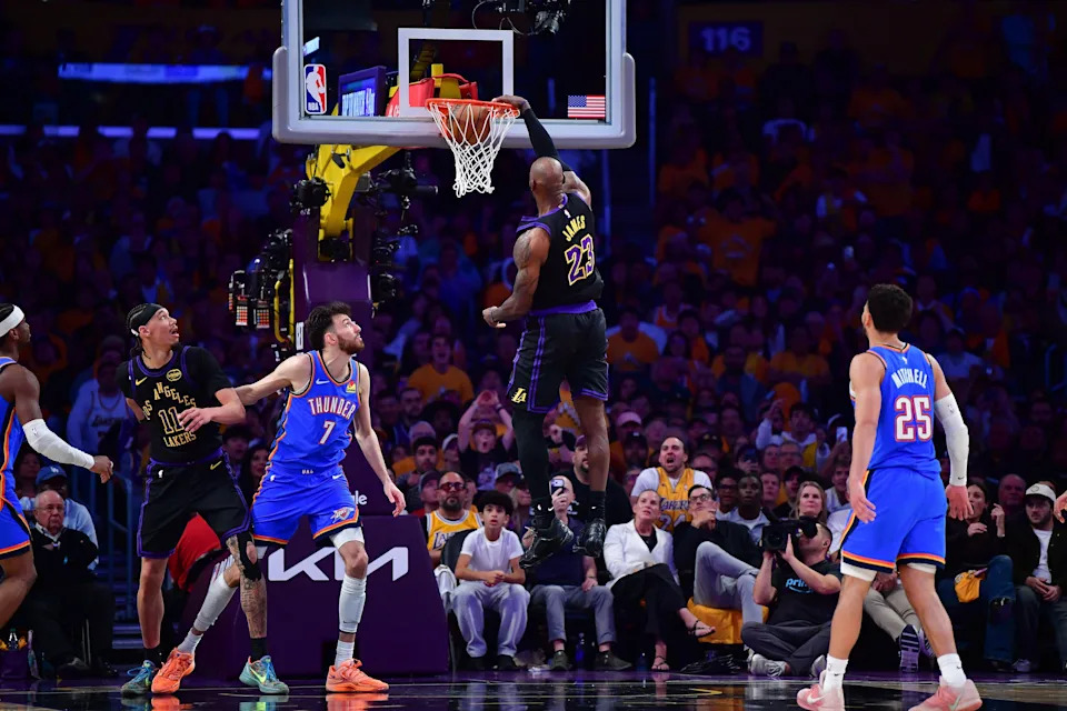 May 11, 2026; Los Angeles, California, USA; Los Angeles Lakers forward LeBron James (23) dunks for the basket against the Oklahoma City Thunder during the second half in game four of the second round of the 2026 NBA Playoffs at Crypto.com Arena. Mandatory Credit: Gary A. Vasquez-Imagn Images