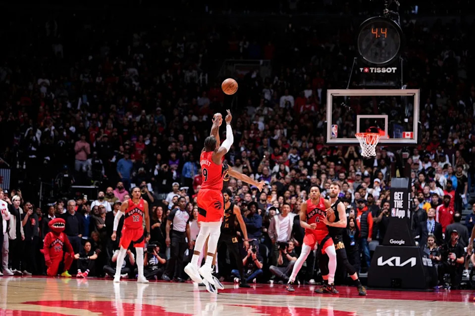 RJ Barrett scores the game winning shot against the Cleveland Cavaliers during Game 6 of the 2026 NBA Playoffs. NBAE via Getty Images