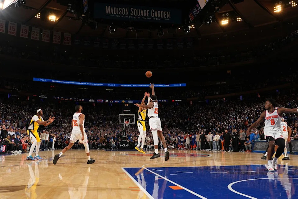 Tyrese Haliburton hits the game tying shot against the New York Knicks in Game 1 of the 2025 Eastern Conference Finals on May 21, 2025 at Madison Square Garden. NBAE via Getty Images