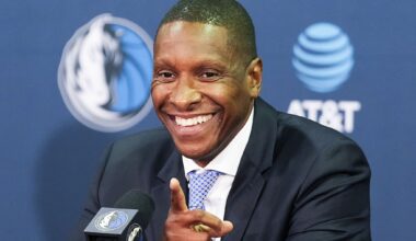 New Dallas Mavericks team president Masai Ujiri is congratulated after an introductory news conference on Tuesday, May 5, 2026, in Dallas.