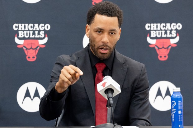 Bulls executive vice president of basketball operations Bryson Graham responds to questions from the media during an introductory news conference May 6, 2026, at the Advocate Center. (Josh Boland/Chicago Tribune)