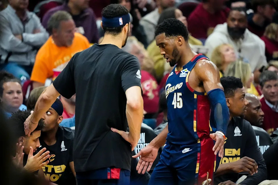 Cleveland Cavaliers guard Donovan Mitchell (45) comes off the floor during the third quarter of game 3 of the NBA Eastern Conference Finals against the Knicks, May 23, 2026, in Cleveland.