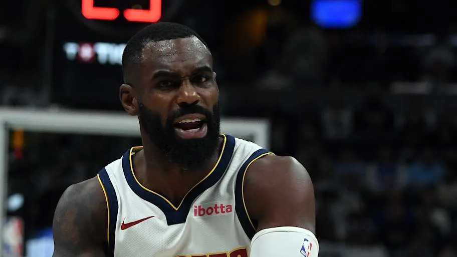 Denver Nuggets guard Tim Hardaway Jr. yells at a referee for a foul during the first half against the Minnesota Timberwolves