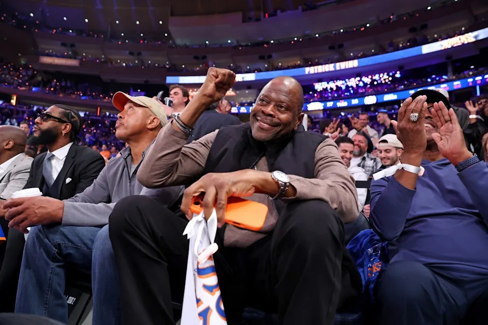 Patrick Ewing sits on celebrity row during the first quarter of a playoff game against the <a class="link " href="https://sports.yahoo.com/nba/teams/atlanta/" data-i13n="sec:content-canvas;subsec:anchor_text;elm:context_link" data-ylk="slk:Hawks;sec:content-canvas;subsec:anchor_text;elm:context_link;itc:0" data-yga="{"yLinkElement":"context_link","yModuleName":"content-canvas","yLinkText":"Hawks","ySubModuleName":"anchor_text","yHasCommerce":false}">Hawks</a>. Charles Wenzelberg / New York Post