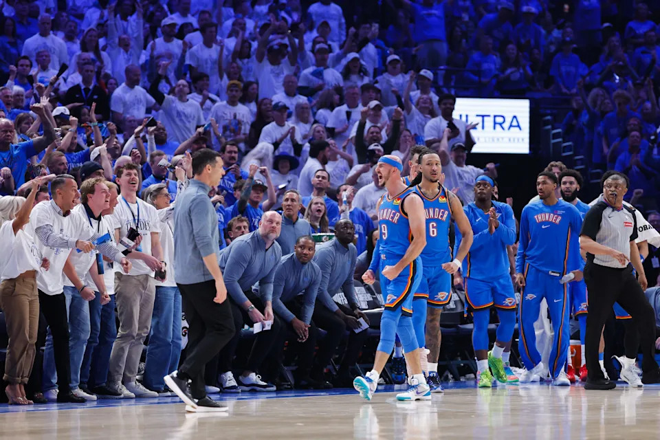 May 20, 2026; Oklahoma City, Oklahoma, USA; Oklahoma City Thunder guard Alex Caruso (9) reacts to a play during the second quarter against the San Antonio Spurs during game two of the western conference finals for the 2026 NBA playoffs at Paycom Center. Mandatory Credit: Alonzo Adams-Imagn Images