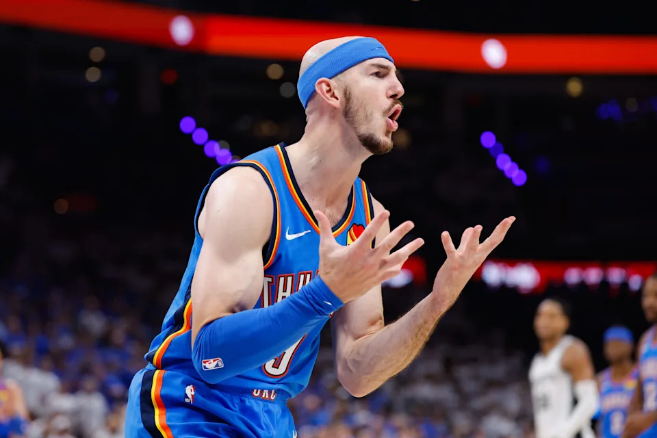 May 20, 2026; Oklahoma City, Oklahoma, USA; Oklahoma City Thunder guard Alex Caruso (9) reacts to a play during the fourth quarter against the San Antonio Spurs during game two of the western conference finals for the 2026 NBA playoffs at Paycom Center. Mandatory Credit: Alonzo Adams-Imagn Images