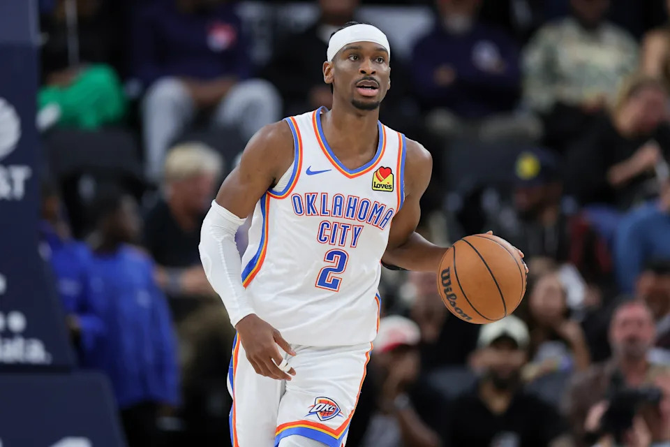 Shai Gilgeous-Alexander dribbles the ball off the court during an Oklahoma City Thunder in April 2026. 
