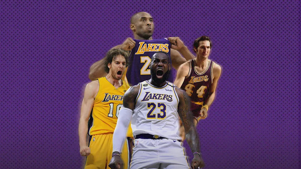 LeBron James, Pau Gasol, Kobe Bryant, and Jerry West, clockwise from center  