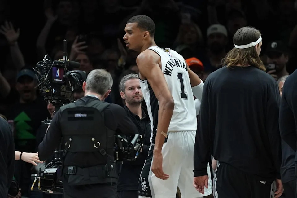 Spurs forward Victor Wembanyama (1) reacts after he was ejected for a flagrant foul during the first half of Game 4. AP