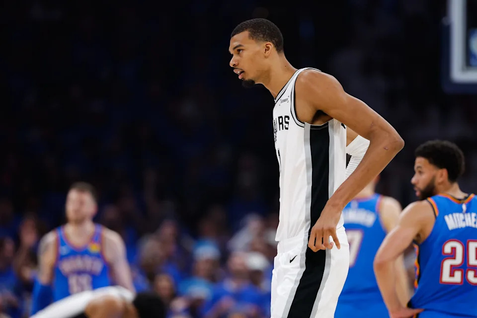 May 20, 2026; Oklahoma City, Oklahoma, USA; San Antonio Spurs forward Victor Wembanyama (1) looks on during the second quarter against the Oklahoma City Thunder during game two of the western conference finals for the 2026 NBA playoffs at Paycom Center. Mandatory Credit: Alonzo Adams-Imagn Images