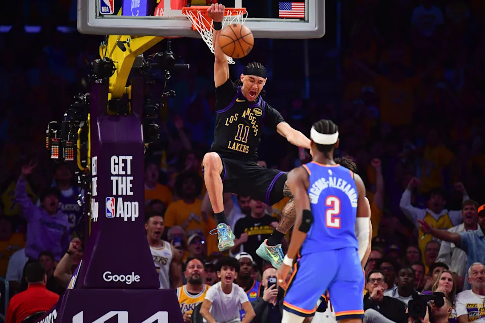 May 11, 2026; Los Angeles, California, USA; Los Angeles Lakers center Jaxson Hayes (11) dunks for the basket against the Oklahoma City Thunder during the second half in game four of the second round of the 2026 NBA Playoffs at Crypto.com Arena. Mandatory Credit: Gary A. Vasquez-Imagn Images