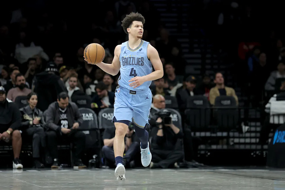 Mar 9, 2026; Brooklyn, New York, USA; Memphis Grizzlies guard Walter Clayton Jr. (4) brings the ball up court against the Brooklyn Nets during the first quarter at Barclays Center. Mandatory Credit: Brad Penner-Imagn Images