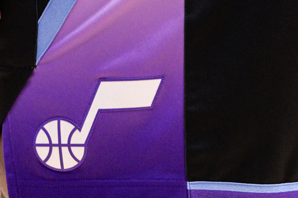 Apr 7, 2026; New Orleans, Louisiana, USA; Utah Jazz logo is seen on a uniform during a time out against the New Orleans Pelicans during the first half at Smoothie King Center. Mandatory Credit: Stephen Lew-Imagn Images