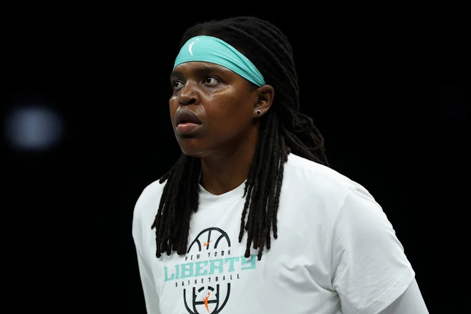 Jonquel Jones of the New York Liberty looks on during warmups before their game against the <a class="link " href="https://sports.yahoo.com/wnba/teams/golden-state/" data-i13n="sec:content-canvas;subsec:anchor_text;elm:context_link" data-ylk="slk:Golden State Valkyries;sec:content-canvas;subsec:anchor_text;elm:context_link;itc:0" data-yga="{"yLinkElement":"context_link","yModuleName":"content-canvas","yLinkText":"Golden State Valkyries","ySubModuleName":"anchor_text","yHasCommerce":false}">Golden State Valkyries</a> at Barclays Center on May 21, 2026 in New York City. Getty Images