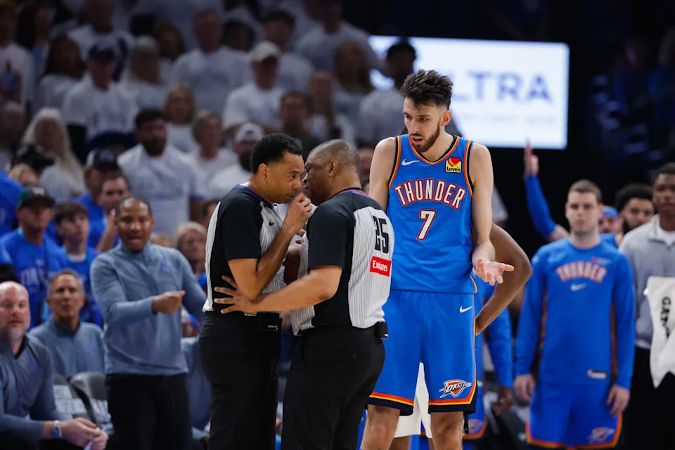 May 20, 2026; Oklahoma City, Oklahoma, USA; Oklahoma City Thunder center Chet Holmgren (7) reacts to a play during the second quarter against the San Antonio Spurs during game two of the western conference finals for the 2026 NBA playoffs at Paycom Center. Mandatory Credit: Alonzo Adams-Imagn Images