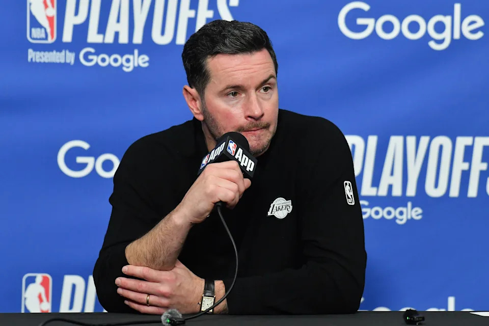 LOS ANGELES, CALIFORNIA - MAY 11: Head coach JJ Redick of the Los Angeles Lakers speaks to the media during a press conference after Game Four of the Second Round of the NBA Western Conference Playoffs against the Oklahoma City Thunder at Crypto.com Arena on May 11, 2026 in Los Angeles, California. NOTE TO USER: User expressly acknowledges and agrees that, by downloading and or using this photograph, User is consenting to the terms and conditions of the Getty Images License Agreement. (Photo by Allen Berezovsky/Getty Images)