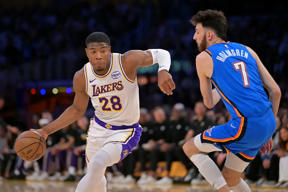 Los Angeles Lakers forward Rui Hachimura (28) is defended by Oklahoma City Thunder center Chet Holmgren (7) during the first quarter of game three of the second round of the 2026 NBA Playoffs at Crypto.com Arena.