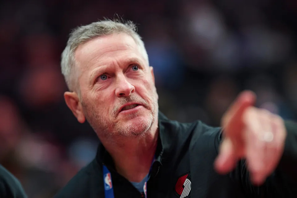 Apr 2, 2026; Portland, Oregon, USA; Tom Dundon, the new owner of the Portland Trail Blazers, before a game between the Portland Trail Blazers and the New Orleans Pelicans at Moda Center. Mandatory Credit: Troy Wayrynen-Imagn Images