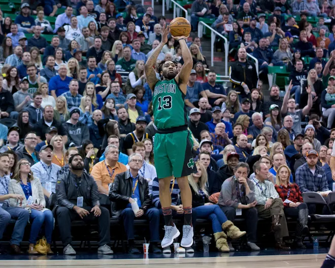 Feb 11, 2017; Salt Lake City, UT, USA; Boston Celtics guard James Young (13) shoots the ball during the second half against the Utah Jazz at Vivint Smart Home Arena. Boston won 112-104. Mandatory Credit: Russ Isabella-USA TODAY Sports