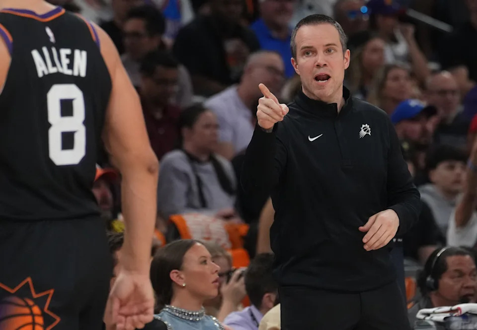 Phoenix Suns head coach Jordan Ott yells out to his team as they take on the Oklahoma City Thunder during Game 4 of their playoff series at the Mortgage Matchup Center in Phoenix on April 27, 2026.