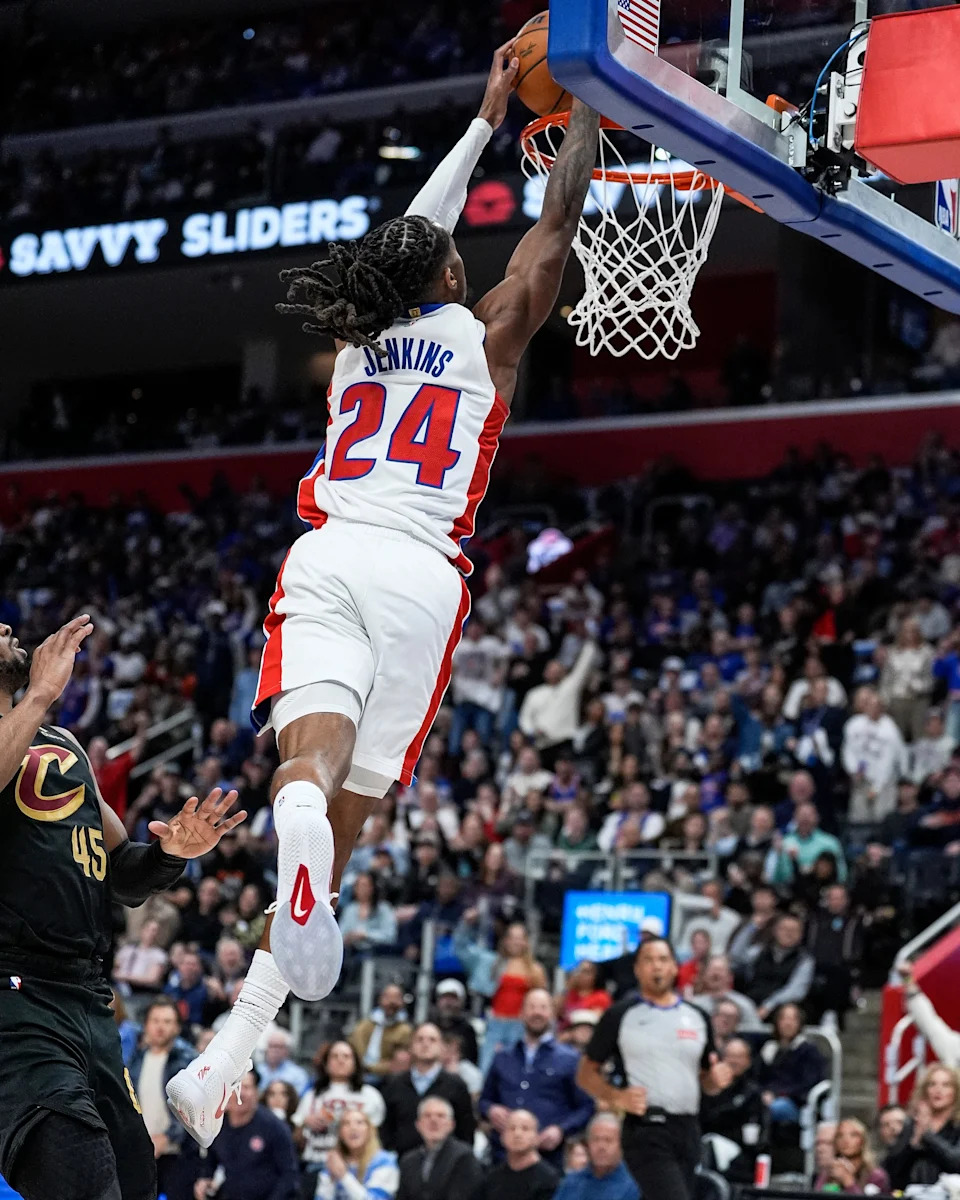 Detroit Pistons guard Daniss Jenkins (24) dunks against Cleveland Cavaliers during the first half of Game 2 of second round of NBA playoffs at Little Caesars Arena in Detroit on Thursday, May 7, 2026.