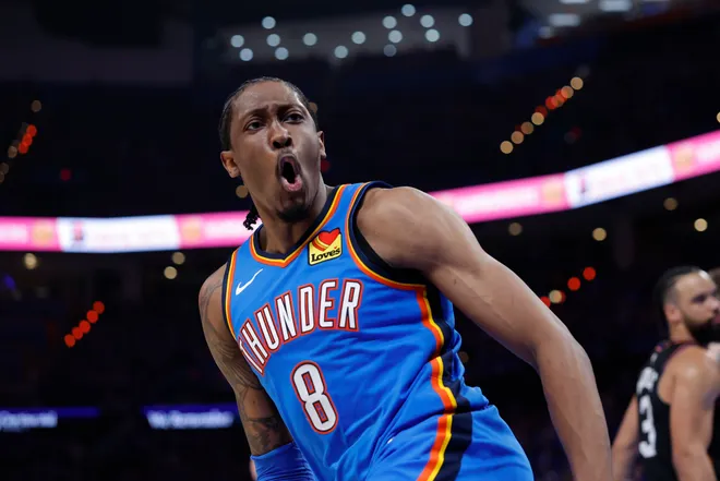 Apr 19, 2026; Oklahoma City, Oklahoma, USA; Oklahoma City Thunder guard Jalen Williams (8) celebrates after scoring against the Phoenix Suns in the second half during game one of the first round of the 2026 NBA Playoffs at Paycom Center. Mandatory Credit: Alonzo Adams-Imagn Images
