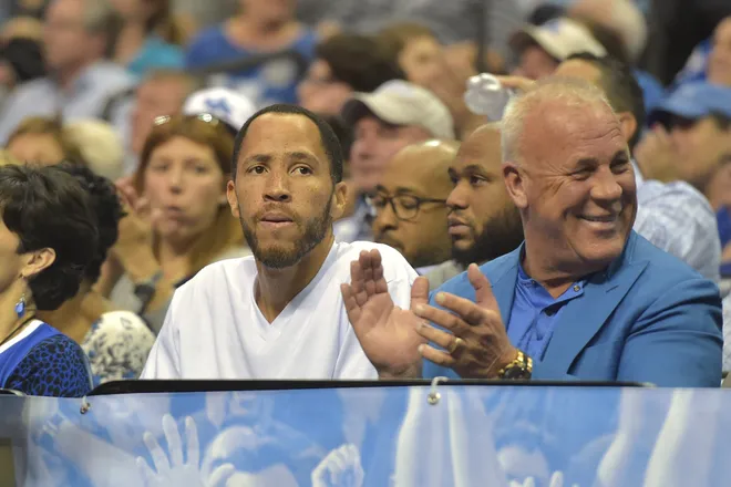 Mar 26, 2017; Memphis, TN, USA; NBA former player and Kentucky Wildcats former player Tayshaun Prince (left) watches the action between the Kentucky Wildcats and the North Carolina Tar Heels in the second half during the finals of the South Regional of the 2017 NCAA Tournament at FedExForum. Mandatory Credit: Justin Ford-USA TODAY Sports