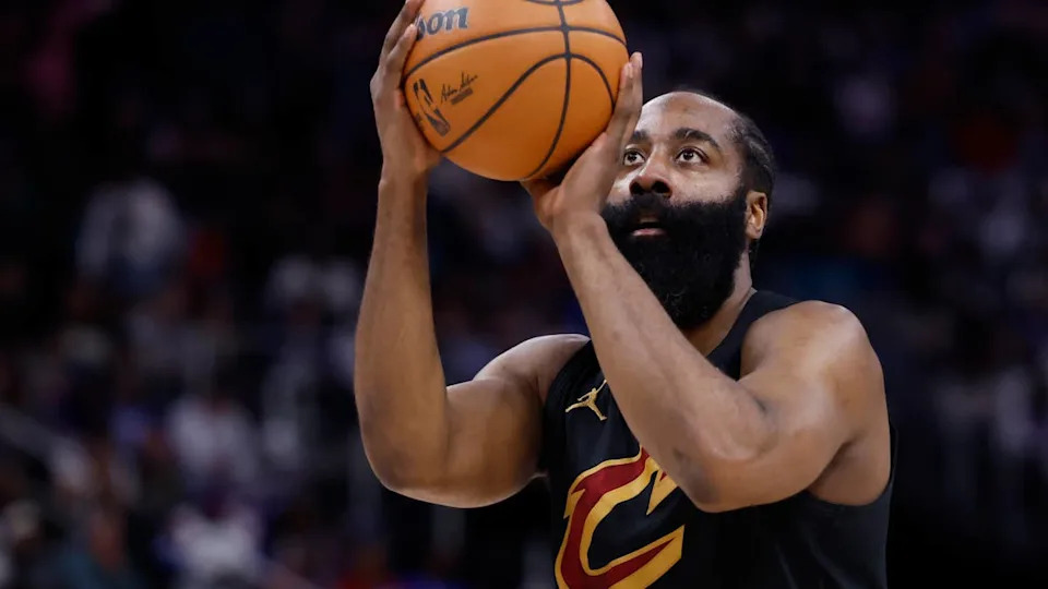Cleveland Cavaliers guard James Harden taking a shot against the <a class="link " href="https://sports.yahoo.com/nba/teams/detroit/" data-i13n="sec:content-canvas;subsec:anchor_text;elm:context_link" data-ylk="slk:Detroit Pistons;sec:content-canvas;subsec:anchor_text;elm:context_link;itc:0" data-yga="{"yLinkElement":"context_link","yModuleName":"content-canvas","yLinkText":"Detroit Pistons","ySubModuleName":"anchor_text","yHasCommerce":false}">Detroit Pistons</a> in the 2026 NBA Playoffs.Rick Osentoski-Imagn Images