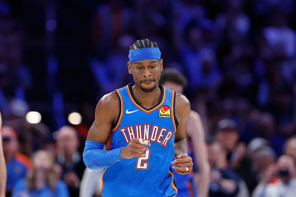 Mar 12, 2026; Oklahoma City, Oklahoma, USA; Oklahoma City Thunder guard Shai Gilgeous-Alexander walks down the court after a play against the Boston Celtics during the fourth quarter at Paycom Center. Mandatory Credit: Alonzo Adams-Imagn Images