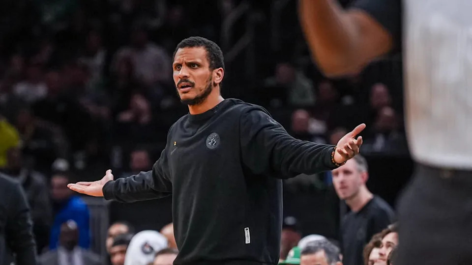 Boston Celtics head coach Joe Mazzulla watches from the sideline as they take on the <a class="link " href="https://sports.yahoo.com/nba/teams/philadelphia/" data-i13n="sec:content-canvas;subsec:anchor_text;elm:context_link" data-ylk="slk:Philadelphia;sec:content-canvas;subsec:anchor_text;elm:context_link;itc:0" data-yga="{"yLinkElement":"context_link","yModuleName":"content-canvas","yLinkText":"Philadelphia","ySubModuleName":"anchor_text","yHasCommerce":false}">Philadelphia</a> 76ers.David Butler II-Imagn Images