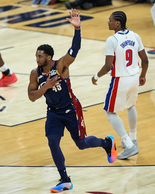 Cleveland Cavaliers guard Donovan Mitchell (45) celebrates a play against Detroit Pistons during the first half of Game 3 of second round of NBA playoffs at Rocket Arena in Cleveland on Saturday, May 9, 2026.
