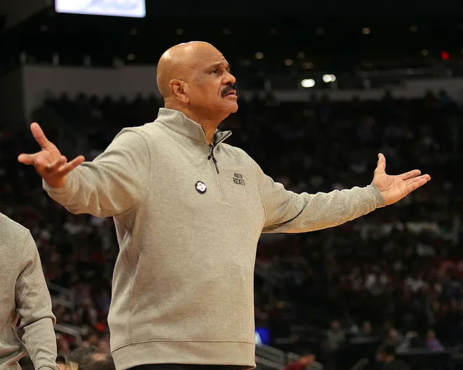 HOUSTON, TEXAS - DECEMBER 11: Assistant coach John Lucas questions a delay of game called against the Houston Rockets during the fourth quarter at the Toyota Center on December 11, 2022 in Houston, Texas. NOTE TO USER: User expressly acknowledges and agrees that, by downloading and or using this photograph, User is consenting to the terms and conditions of the Getty Images License Agreement. (Photo by Bob Levey/Getty Images)