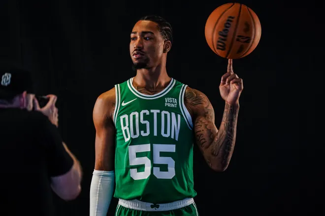Oct 2, 2023; Boston, Celtics, USA; Boston Celtics guard Jay Scrubb (55) during Boston Celtics Media Day. Mandatory Credit: David Butler II-USA TODAY Sports
