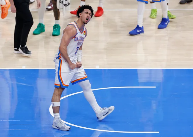 May 26, 2026; Oklahoma City, Oklahoma, USA; Oklahoma City Thunder guard Jared McCain (3) reacts after a play during the fourth quarter against the San Antonio Spurs in game five of the western conference finals for the 2026 NBA playoffs at Paycom Center. Mandatory Credit: Alonzo Adams-Imagn Images