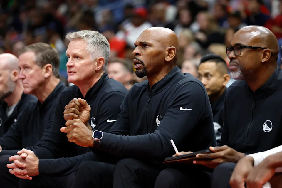 NEW ORLEANS, LOUISIANA - NOVEMBER 22: Assistant coach Jerry Stackhouse of the Golden State Warriors reacts to a play during the second half of an Emirates NBA Cup game against the New Orleans Pelicans at Smoothie King Center on November 22, 2024 in New Orleans, Louisiana. NOTE TO USER: User expressly acknowledges and agrees that, by downloading and or using this photograph, User is consenting to the terms and conditions of the Getty Images License Agreement. (Photo by Tyler Kaufman/Getty Images)