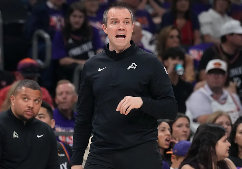 Phoenix Suns head coach Jordan Ott yells out to his team as they play the Oklahoma City Thunder during Game 3 of their playoff series at Mortgage Matchup Center in Phoenix on April 25, 2026.