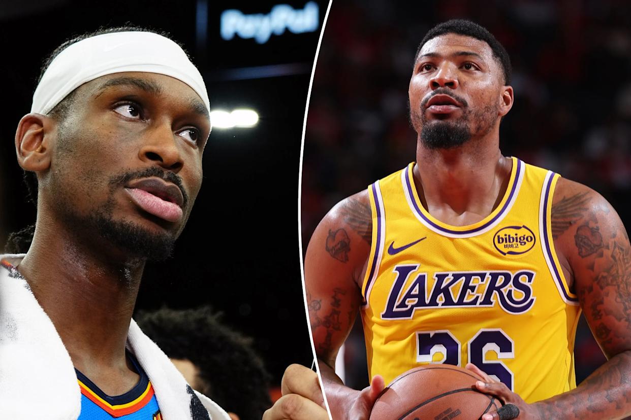 An image collage containing 2 images, Image 1 shows Shai Gilgeous-Alexander being interviewed by NBC Sports after a game, Image 2 shows Los Angeles Lakers player Quinn Cook looking up while holding a basketball