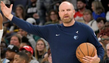 Memphis Grizzlies head coach Taylor Jenkins reacts in the second half of an NBA basketball game against the Miami Heat Saturday, March 15, 2025, in Memphis, Tenn.