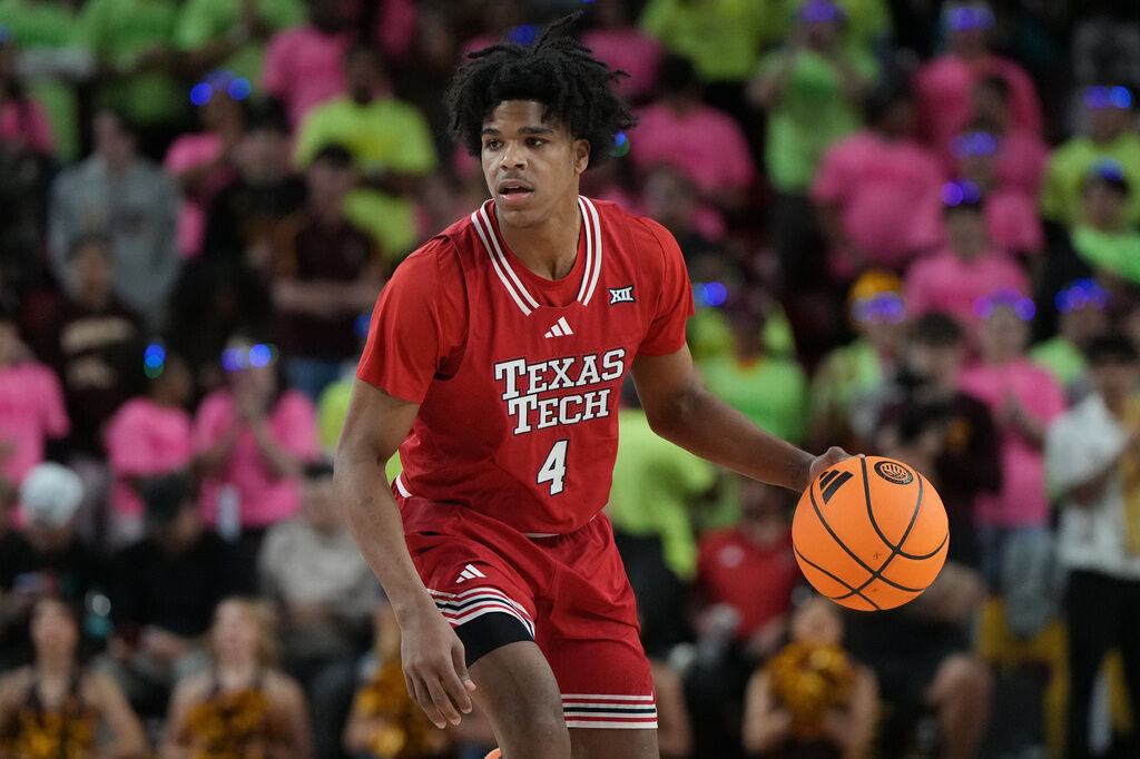 Texas Tech guard Christian Anderson (4) during the second half of an NCAA college basketball game against Arizona State, Tuesday, Feb. 17, 2026, in Tempe, Ariz. (AP Photo/Rick Scuteri)