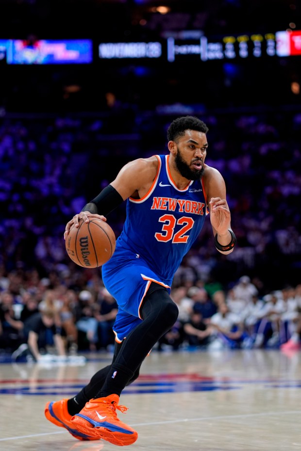 New York Knicks' Karl-Anthony Towns plays during Game 3 in a second-round NBA basketball playoff series Friday, May 8, 2026, in Philadelphia. (AP Photo/Matt Slocum)