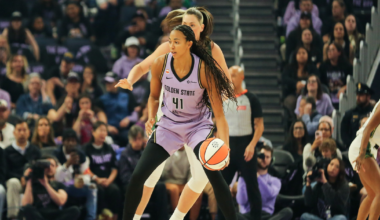 A basketball player in a purple "Golden State" jersey with number 41 dribbles the ball while being closely defended by an opponent in white shorts.